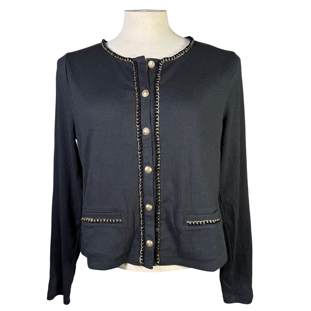 NWT J. Crew Black Ribbed Lady Jacket Gold Chain Trim Button Front Women's L